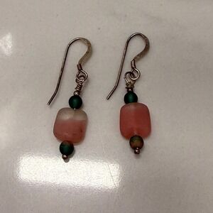 Dangle Earrings Pink Cube Glass Green Round Bead Boho Chic Jewelry